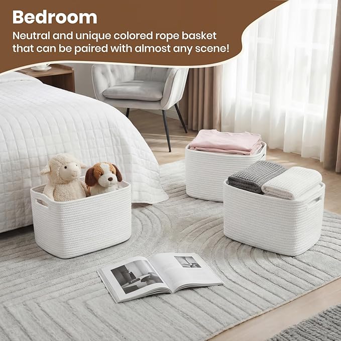 Storage Baskets for Organizing, 14 x 10 x 9” Closet Shelf Woven Baskets, Square Bins with Handles, Cotton Rope Basket for Toys, Clothes, Office, Room, White 4 Pack
