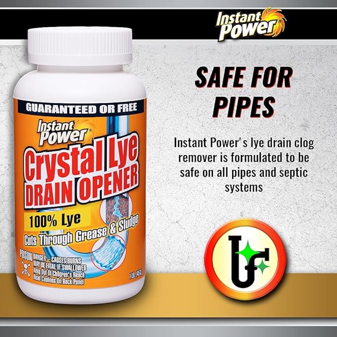 Instant Power Crystal Lye Drain Opener, Lye Sodium Hydroxide, Unclogs Bathroom and Kitchen Sinks, Drains, Shower Pipes 1 Lb