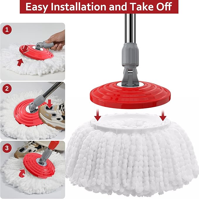 Stainless Steel Extendable Mop Handle with 2 Microfiber Replacement Heads & 360° Rotating Base Plate — Fits Standard Mop Buckets - Black