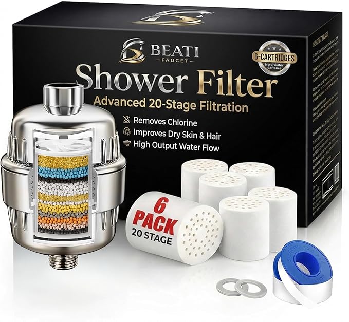 Shower Filter for Hard Water Brushed Nickel - 6 Replacement Cartridges -20 Stage - Showhead Water Softener to Remove Chlorine and Fluoride