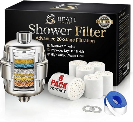 Shower Filter for Hard Water Brushed Nickel - 6 Replacement Cartridges -20 Stage - Showhead Water Softener to Remove Chlorine and Fluoride