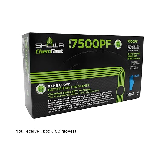 SHOWA 7500PF Sustainable EBT Latex-Free, Powder-Free, Nitrile Disposable Single Use Safety Gloves, 4 Mil, 9.5" Length, X-Small (1 Box/100 Gloves)