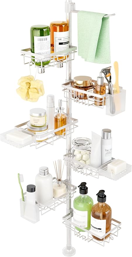 Shower Tension Rod Organizer, 6 Tier Rustproof Corner Shower Caddy Tension Pole with Soap Holder & Hooks, Adjustable 30-121 Inch Bathroom Shelf for Renters - Family Stand Storage Rack, Silver