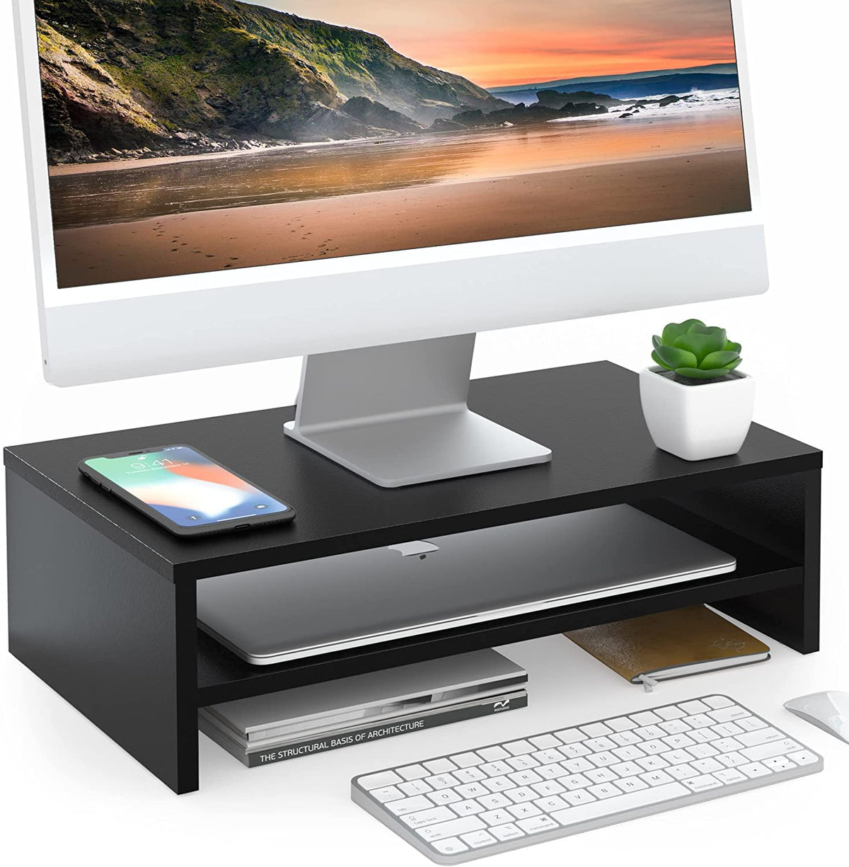 FITUEYES Wooden Monitor Stand Riser, 2-Tier Desk Storage Shelf - Image 1