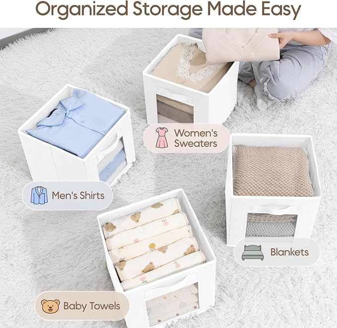 Storage Cube 11 Inch - Cube Storage Bins with Window, Closet Storage Baskets with Handle, Fabric Bins for Closet, Shelves, Toys, Clothes, Set of 10, White