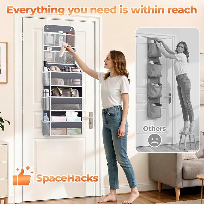 5-Tier Over The Door Organizer with Mesh Pockets, Baby Nursery Storage for Closet, Bathroom and Bedroom, Adjustable Hanging Closet Organizer for Cosmetics, Books and Essentials (Dark Grey)