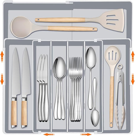 Large Kitchen Silverware Organizer - Expandable 17.2" x 17.9" Adjustable Drawer Tray, 4-7 Compartments for Maximum Storage, BPA-Free, Grey,L