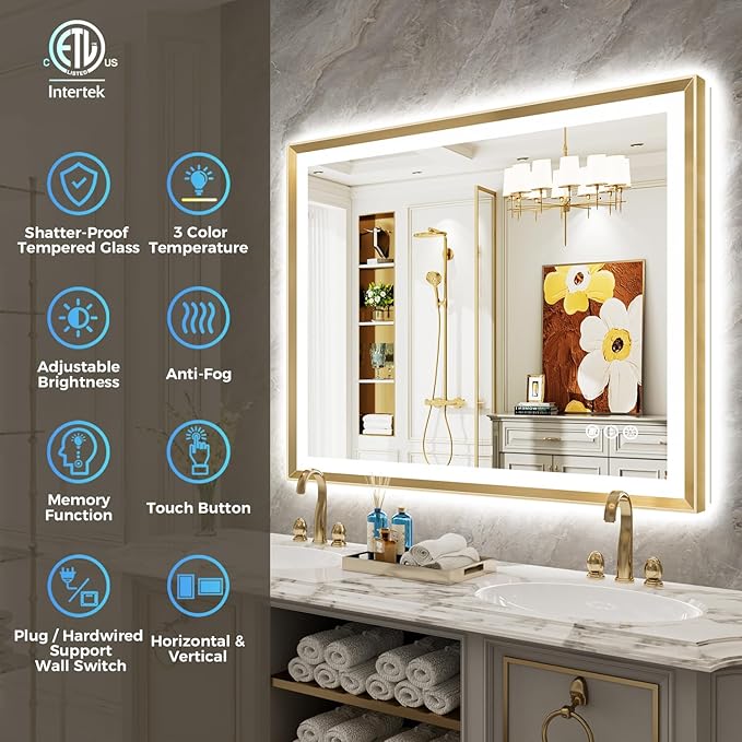 48x38 Gold Framed LED Bathroom Mirror with Lights, Backlit and Front Light, Lighted Bathroom Vanity Mirror for Wall Dimmable Anti-Fog Memory Tempered Glass Horizontal/Vertical