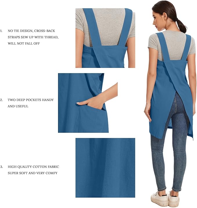 Women Apron with 2 Pockets Cotton Linen Kitchen Baking Cooking Chef Cross Back Pinafore Dress