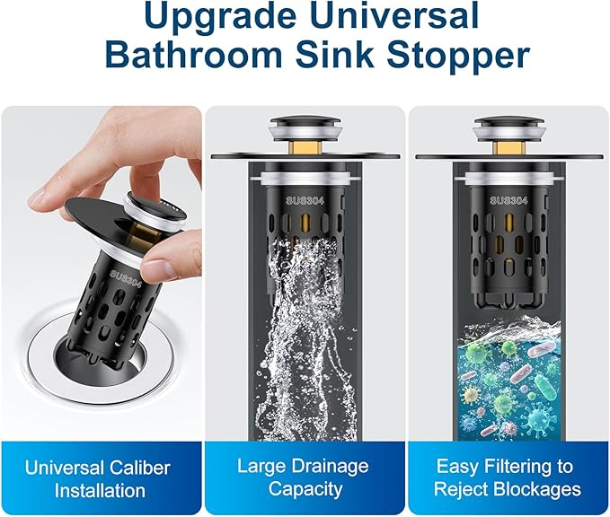 Bathroom Sink Stopper,All Metal Pop-Up Sink Drain Strainer with Removable Stainless Steel Filter Basket, Universal Bathroom Hair Catcher Fit for 1.1-2.36'' Drain (Black, 2 Pack)