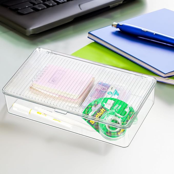 Clear Plastic Storage Bin with Lid, Organizer for Pantry, Office, Bathroom, Kitchen, Snack, Tea Bag, Coffee Container (Small)