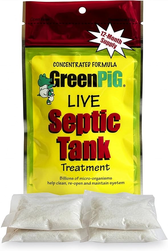 Green Pig Septic Tank Treatment Packets – Septic-Safe Enzyme Treatment for Preventative Maintenance, Helps Prevent Clogs & Odors, 1-Year Supply (4 Packets)