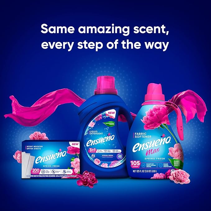 Ensueño Max Liquid Fabric Softener - Spring Fresh Scent - (4 Pack) 33.8 fl oz - Color-Safe Fabric Softener Liquid - Softens 112 Loads - Reduces Wrinkles & Static