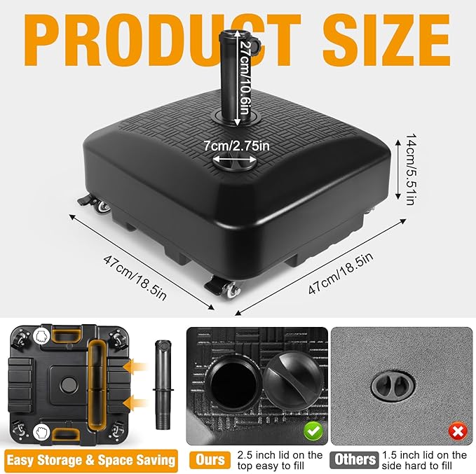 Umbrella Base Outdoor Patio Umbrella Stand with Wheels Fillable 125lb Heavy Duty Mobile Base Weighted Rolling Stand - Black