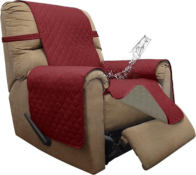 ISSUNTEX Double Protection 100% Waterproof Recliner Covers for Living Room, Reversible Furniture Protector Recliner Couch Sofa Slipcover for Dogs, Pets, Kids (Recliner, Christmas Red/Beige)