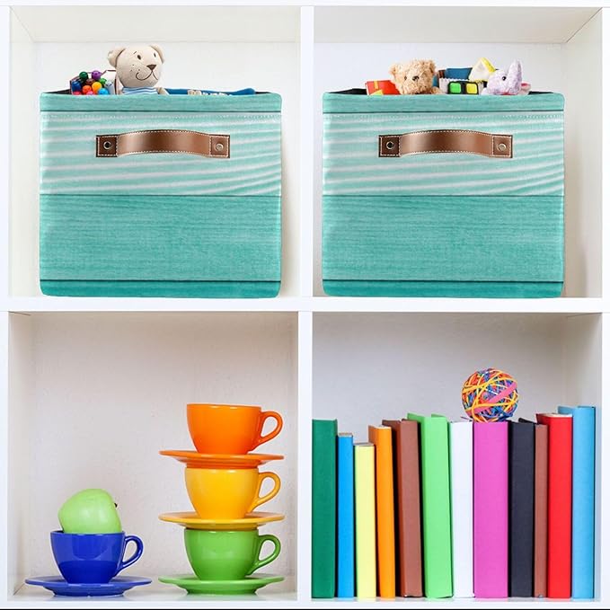 xigua Storage Basket Teal Mint Green Wood Storage Bin with Handle, Large Storage Cube Collapsible for Shelves Closet Bedroom Living Room 1PC