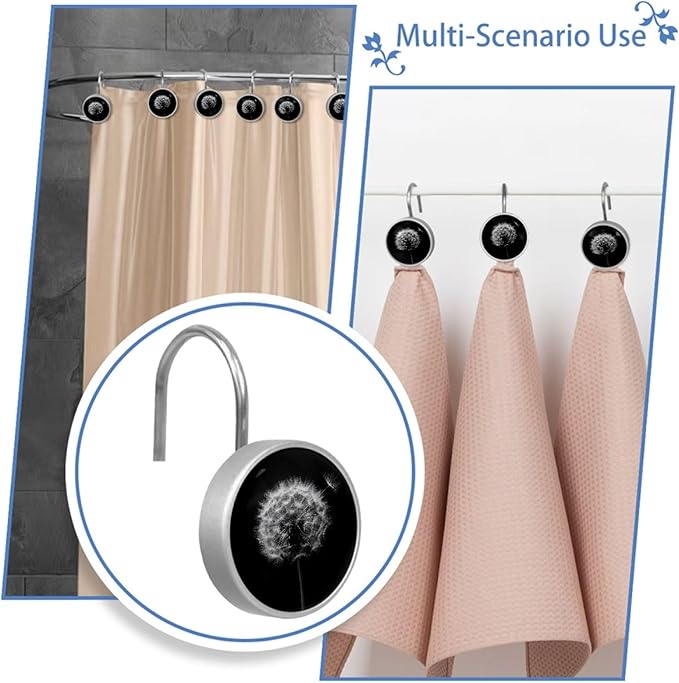 Dandelion Crystal Glass Shower Curtain Hooks for Bathroom Shower Rod, 12Pcs Round Home Decorative Shower Curtain Rings, Bathroom Bedroom Living Room Accessories