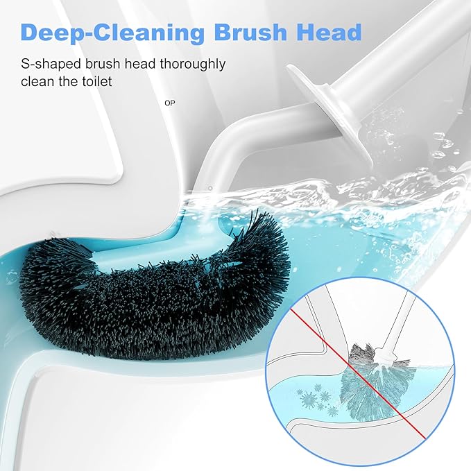 HAMITOR Toilet Bowl Brush Holder Set: Curved Design with Holder for Deep Cleaning Under Rim - Compact Hidden Scrubber for Small Space - Modern RV Bathroom Accessories - White (Pack of 2)