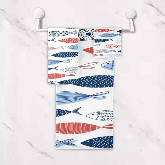 Colorful Fish Bath Towels Set,Absorbent Soft 3 Piece Vintage Nautical Costal Beach Theme Fishes Towels for Bathroom,1 Bath Towel 1 Hand Towel 1 Washcloth,Quick Dry Decoractive Bathroom Towels