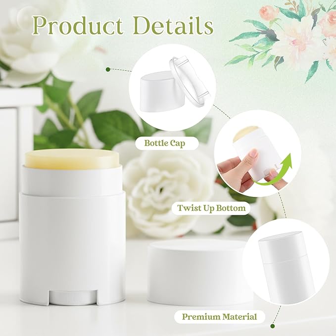 50 Pack White Empty Deodorant Containers, 30ml/1oz, Bottom Filling, Refillable Deodorant Tubes Lipstick Balm Tubes Twisted, Plastic Oval for Homemade DIY Aromatherapy, Balm, Lotion