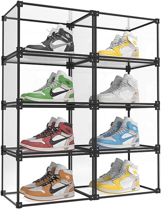 Magnetic Side Open Transparent Plastic Storage Shoe Box Clear Shoe Display Case Sneaker Shoe Storage Box Display Box Shoe Container Clear Closet Shelf Shoe Organizer (Black 8PC)