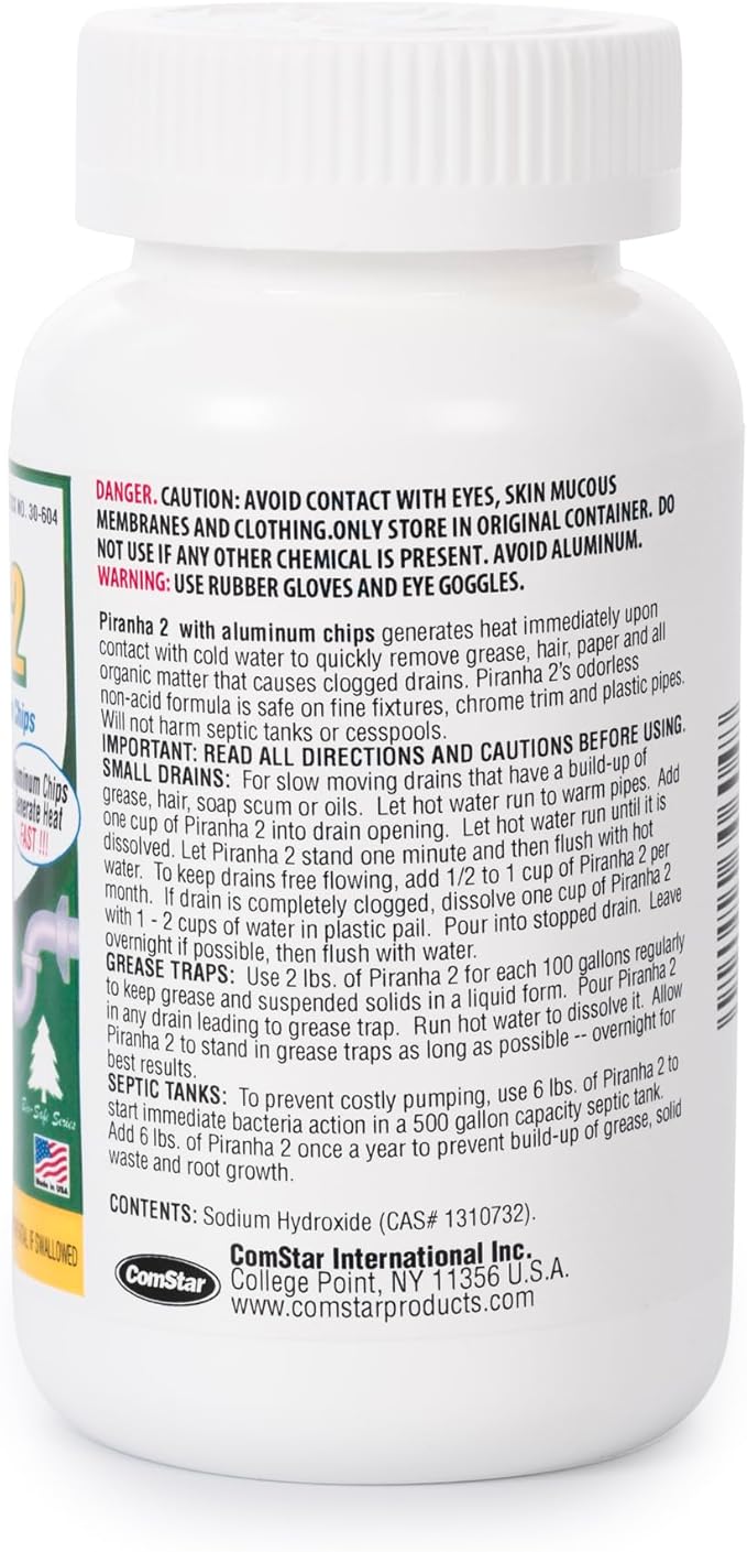ComStar Piranha II,1 Pound, Industrial Drain Opener, Powerful Formula with Aluminum Chips for Extra Heat, Instantly Dissolves Grease & Hair, Safe for Metal & Plastic Pipes (30-604)