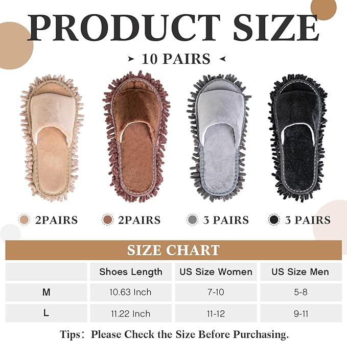 HooLing 10 Pairs Unisex Microfiber Mop Slippers for Floor Cleaning Washable Detachable House Mop Shoes Indoor Dirt Dusting Mopping Slippers for Women Men Home Office Kitchen, 4 Colors (Medium)