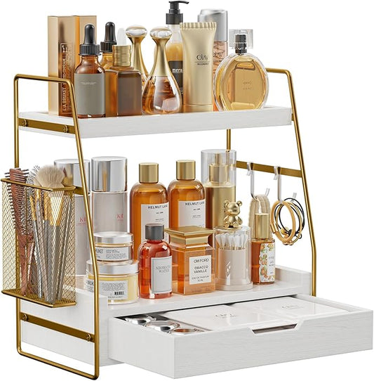 2 Tier Bathroom Counter Organizer Wood - Tiered Bathroom Countertop Shelf with Drawer, Removable Basket & 2 Hooks, Makeup Vanity Organizer for Skincare Perfume Toiletries, 13'' White Gold