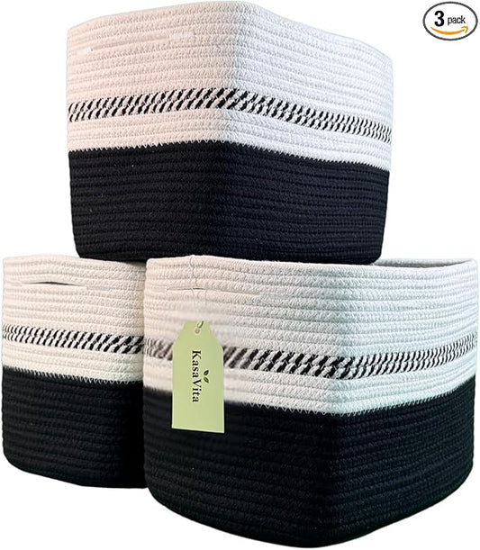 Cotton Rope Baskets for Organizing and Storage, Woven Decorative Baskets for Shelves, Books, Closets. Storage Bins for Living Room, Bedroom | Pack of 3 | Black