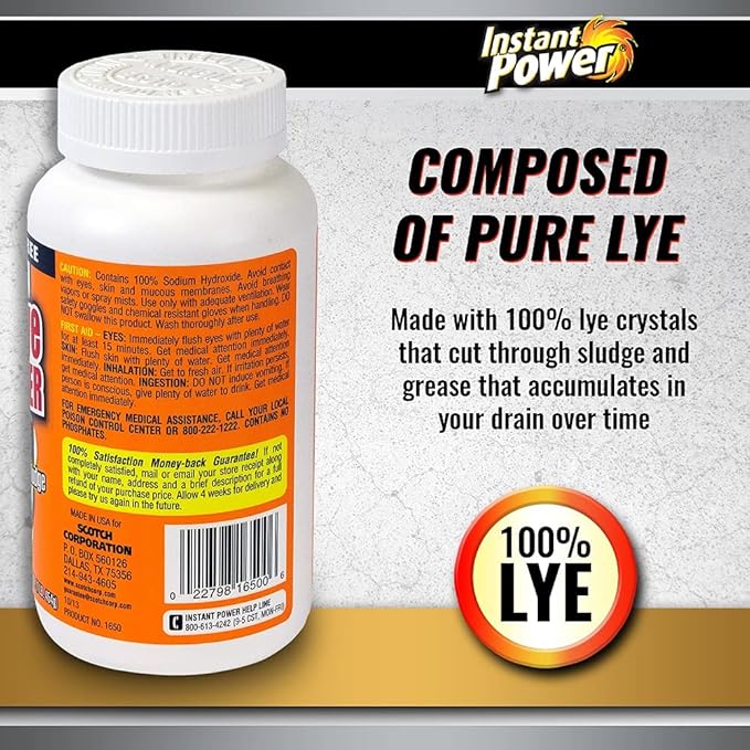 Instant Power Crystal Lye Drain Opener, Lye Sodium Hydroxide, Unclogs Bathroom and Kitchen Sinks, Drains, Shower Pipes 1 Lb