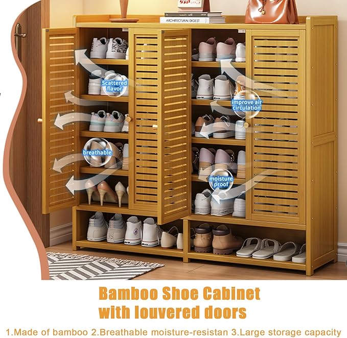 Bamboo Shoe Cabinet, 36-40 Pairs 8 Tier Shoe Rack with Doors, Freestangding Shoe Cabinet Organizer with Shelves, 43" Tall Shoe Rack Organizer for Entryway, Closet, Hallway