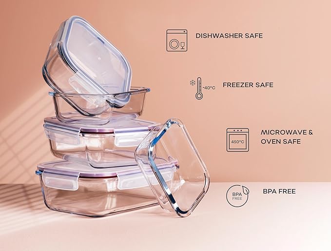 Glass Food Storage Containers | 3 Pack Large Set 52oz/6.4 cup | BPA-Free Airtight LeakProof Lid | Glass Food Containers | Glass Containers with Lids | Oven, Freezer & Dishwasher Safe