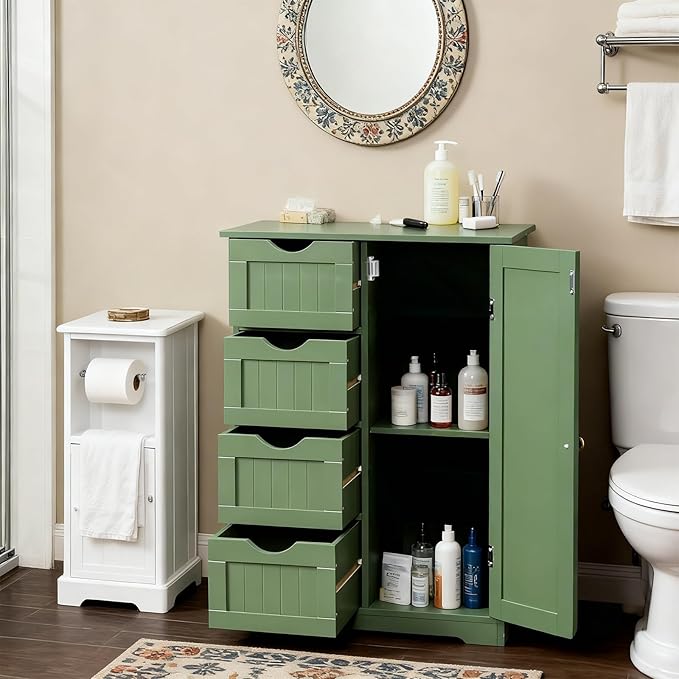 Karl home Freestanding Bathroom Floor Cabinet, Narrow Slim Skinny Storage Unit with 4 Drawers & 1 Cupboard, Towel Organizer for Bathroom, Compact Bath Storage, Forest Green