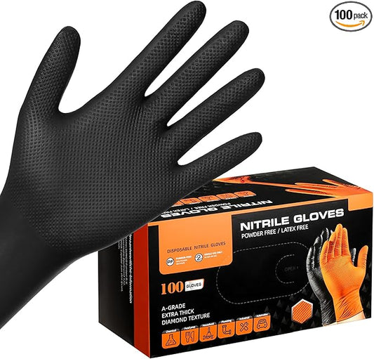 8 Mil Thick XL Nitrile Gloves for Men & Women, Latex Free Chemical Resistant Disposable Heavy Duty Work Gloves for Men & Women Cooking, Cleaning, Camping Essentials, Black