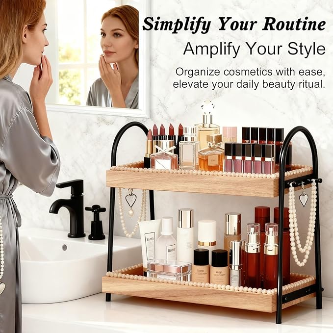 2-Tier Large & Medium Perfume Organizer with 8 Hooks for Jewelry, Bathroom Countertop & Vanity Tray Makeup Shelf - Space Saving Wooden Storage for Skincare, Dresser, Kitchen Decor(Black & Light Brown)