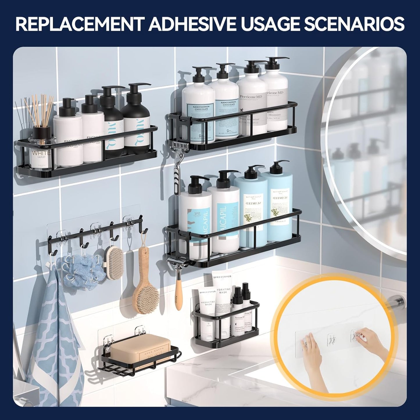 9-Pack Shower Caddy Adhesive Replacement — Transparent Shower Adhesive Strips, No Drilling Hooks for Bath Storage Shelves, Kitchen Racks, Basket & Soap Holder