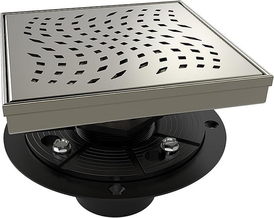 WEBANG 6 Inch Square Shower Drain Nickel Floor Drain with Flange Wave-Hole Pattern Cover Grate Removable SUS304 Stainless Steel Watermark&CUPC Certified Brushed Nickel