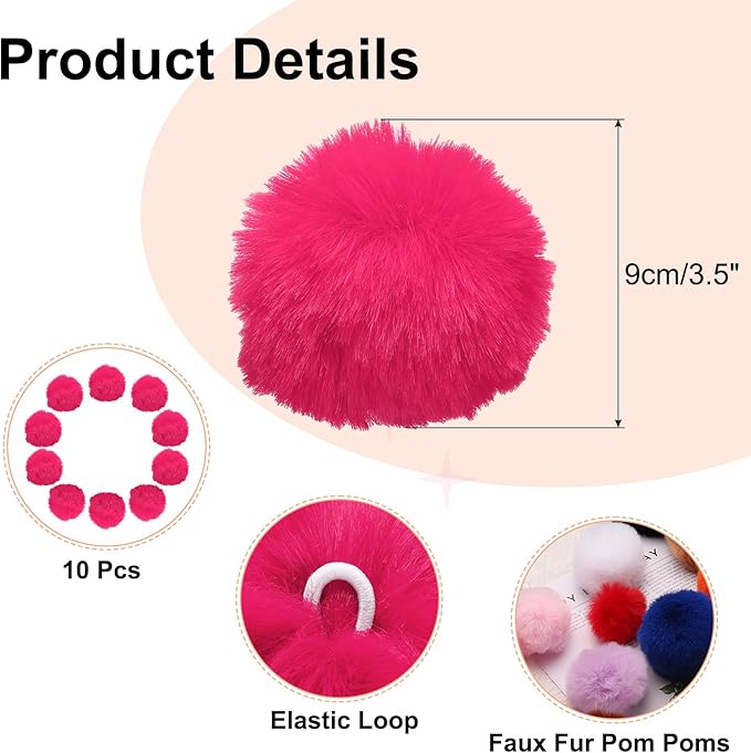uxcell 3.5 Inch Faux Fur Pom Pom Balls, 10 Pcs Watermelon Red Fluffy Soft Faux Fur Pom Poms for Hats with Elastic Loop for DIY Knitting Hats Keychain Scarves Gloves Bags Shoes Accessories