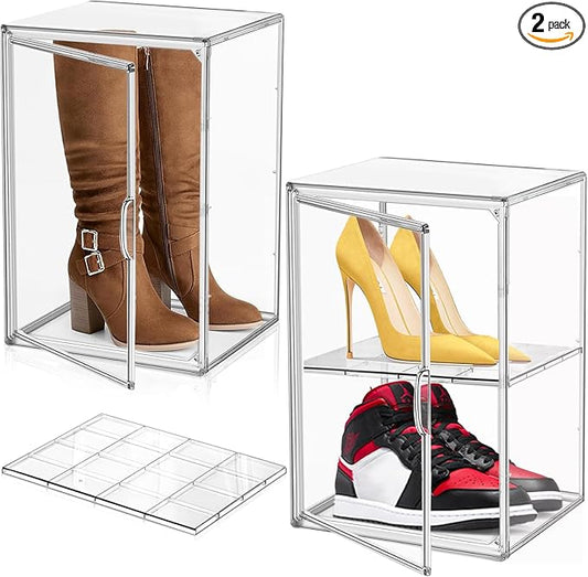 2 Pcs Shoe Display Case, XX-Large 15.3'' Tall Boot Storage Box Transparent Handbag Organizer for Closet Acrylic Shoe Box Clear Plastic Stackable Sneaker Collectibles Case with Detachable Divider
