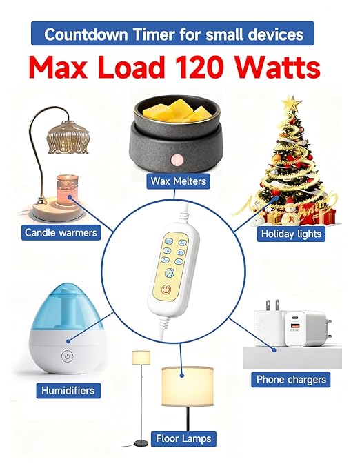 Extension Cord with Timer - x1, (Only auto-Off, Not self-Startup), 6 Options Timer Outlets for Electric Wax Warmer, Christmas Lights, Floor Lamps, Reading Lamp, Phone Chargers