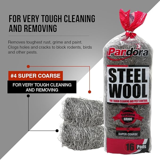 Pandora Steel Wool #4 – Extra Coarse Grade, 240 Pads for Tough Cleaning - Metal Strands - Ideal for Removing Stubborn Paint, Rust, Dirt, and Varnish