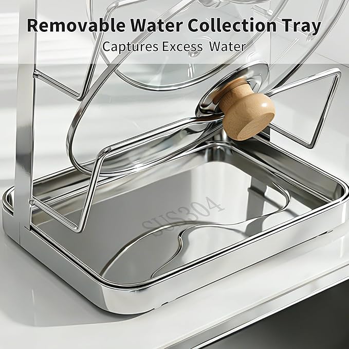 Pot Lid Holder While Cooking, 2 Tier 304 Stainless Steel Pot Lid Organizer with Drip Tray, Kitchen Storage Rack for Stove Top & Countertop, Heavy Duty Lid Holder for Pots and Pans, Silver