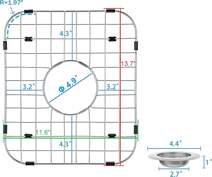 Sink Protector Grid 13.7"x11.6"X1", Stainless Steel Sink Protectors for Kitchen Sink with Center Drain Hole, Rust-Resistant Metal Sink Protector with Sink Strainers (Center Drain/Set 1)