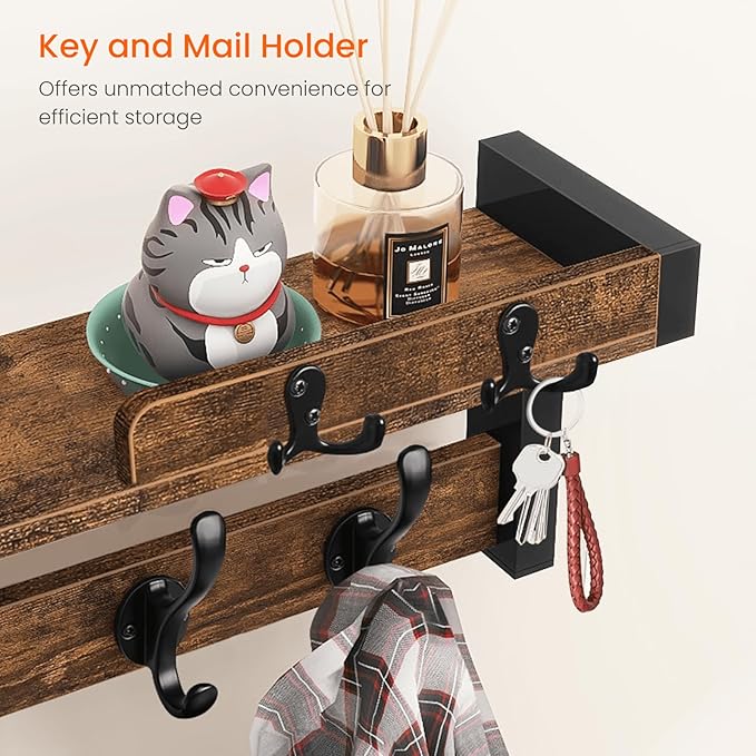 Homode Wall Mounted Coat Rack, Wood Floating Shelf with Key Holder and Mail Organizer, Entryway Wall Shelf with Hooks, Coat Hanger for Hanging Hat Towel Clothes Purse Backpack, Rustic Brown