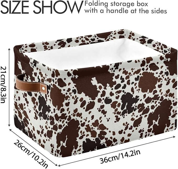 Storage Basket Cow Print Rectangular Collapsible Canvas Shelves Storage Bins with Leather Handles for Shelves Home Closet Bedroom Living Room, 2Pack