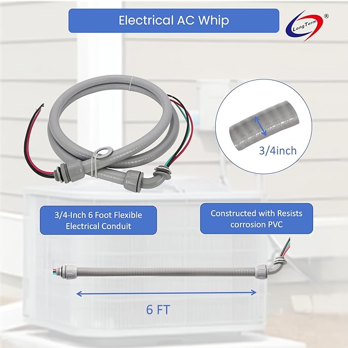 Electrical AC Whip Assembly -3/4" x 6ft Non-Metallic Liquid Tight Electrical Conduit and 8 Gauge Wire A/C Hook-up Whip Kit
