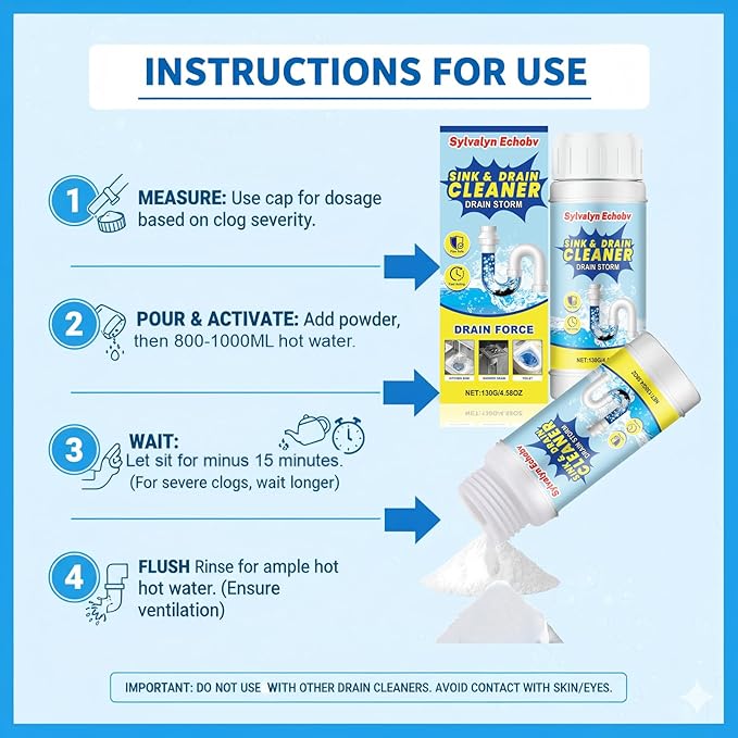 Sink & Drain Cleaner Powder, Fast Foaming for Kitchen, Bathroom,Toilet Pipes - Removes Grease, Hair & Food Waste - 130g (1 Pack)