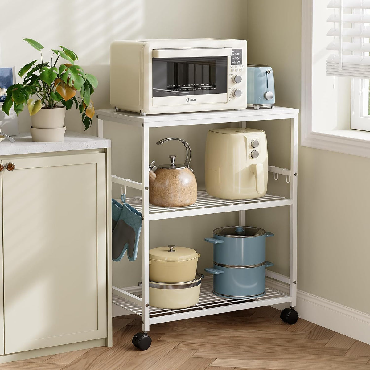 Kitchen Rolling Cart, 3-Tier Microwave Stand with Lockable Wheels - Image 1