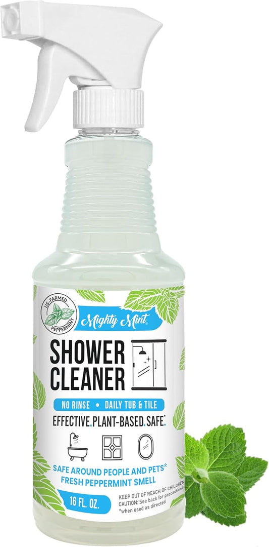 Mighty Mint Daily Shower Cleaner Spray – No Rinse, No Scrub Solution for Glass, Tile & Grout – Plant Based Formula with Peppermint Scent - 16 oz.