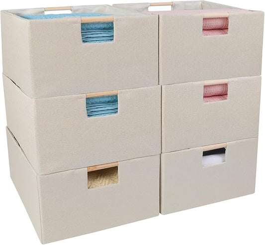 ANMINY 6PCS Storage Baskets for Organizing Collapsible Fabric Storage Bins Boxes with Wood Handles Closet Shelves Cube Organizer Bins Clothes Laundry Storage Container - Small, Beige